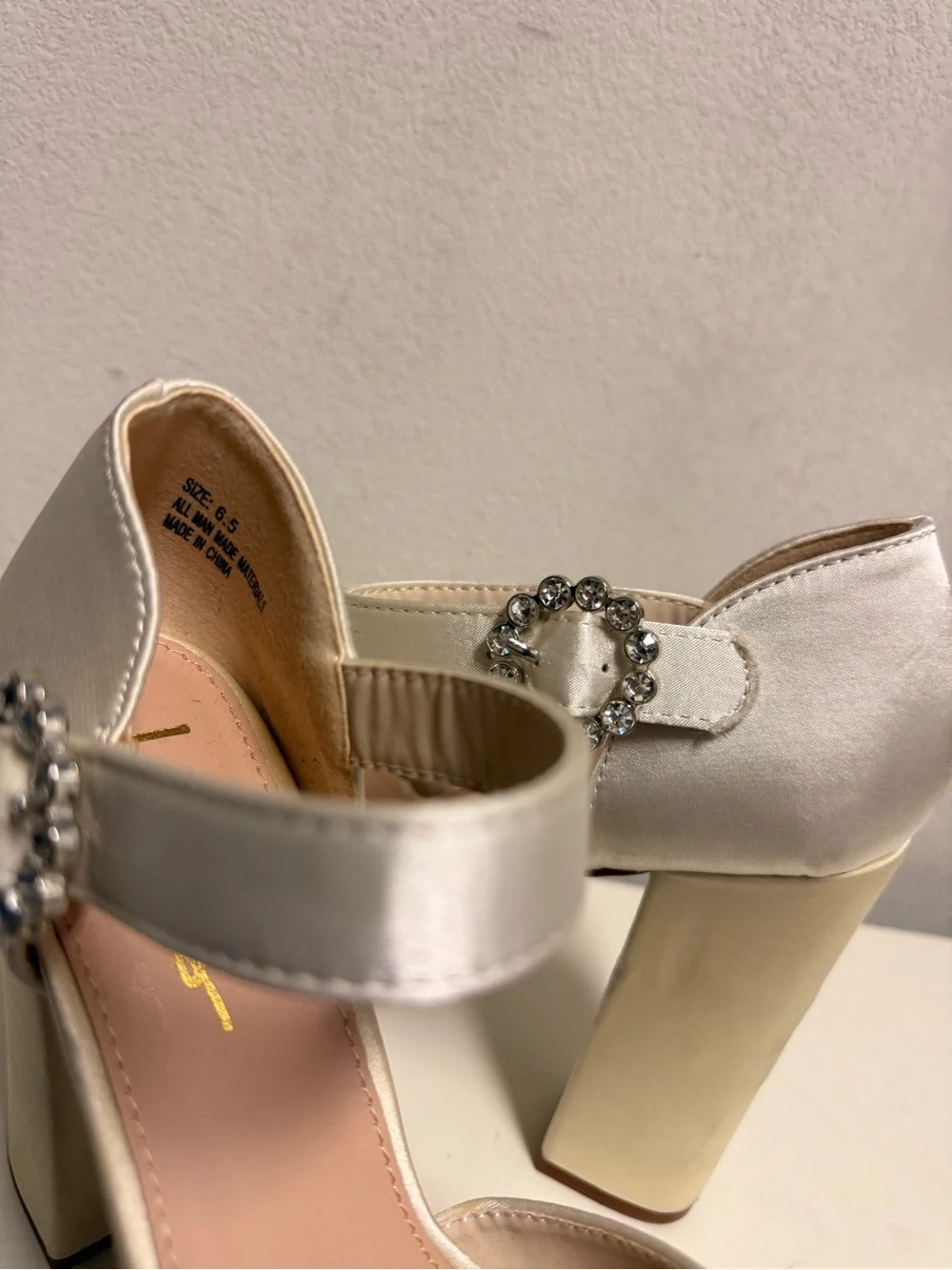 Lulu's Ivory Satin Platform Block Heel Sandals with Rhinestone Buckle